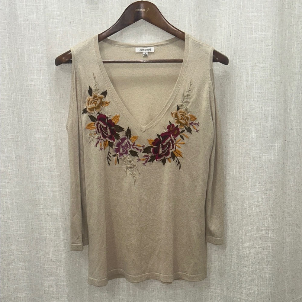 Johnny Was Cold Shoulder Silk & Cashmere Embroidered Top Size Medium